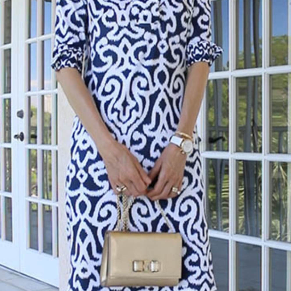 Gretchen Scott Designs Blue and White Sheath Dress with Cuffed Sleeves